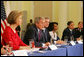 President George W. Bush delivers remarks during a drop-by meeting on the People's Republic of China Earthquake Relief Efforts Friday, June 6, 2008, at the American Red Cross National Headquarters. White House photo by Joyce N. Boghosian