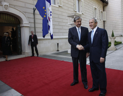 President George W. Bush meets with President Danilo Turk of Slovenia outside the Brdo Castle in Kranj, Slovenia Tuesday, June 10, 2008. The President is scheduled to spend most of the day meeting with members of the European Union before continuing on to Germany this afternoon. White House photo by Eric Draper