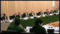 President George W. Bush, center, participates in a meeting with European Union Leaders Tuesday, June 10, 2008, at the Brdo Congress Centre in Kranj, Slovenia. President Bush is joined by US Special envoy for European Affairs, C. Boyden Gray, to the President's right, and United States Ambassador to Slovenia, Yousif B. Ghafari, second to the President's right. White House photo by Chris Greenberg