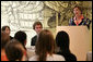 Mrs. Laura Bush addresses the Za in Proti (ZIP) student event Tuesday, June 10, 2008 in Kranj, Slovenia. White House photo by Shealah Craighead