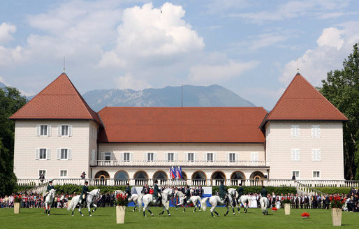 President George W. Bush and Mrs. Laura Bush attend the Lipizzaner Horse Exhibition Tuesday, June 10, 2008, at Brdo Castle in Kranj, Slovenia. White House photo by Shealah Craighead