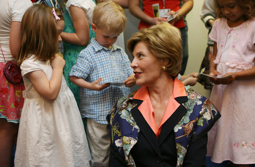 Mrs. Laura Bush talks to children during her visit to the United States Embassy Tuesday, June 10, 2008, in Kranj, Slovenia. White House photo by Chris Greenberg