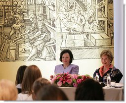 Mrs. Laura Bush and Slovenia's First Lady Barbara Miklic Turk attend the Za in Proti (ZIP) student event Tuesday, June 10, 2008 in Kranj, Slovenia.  White House photo by Shealah Craighead