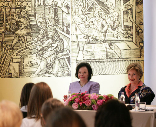 Mrs. Laura Bush and Slovenia's First Lady Barbara Miklic Turk attend the Za in Proti (ZIP) student event Tuesday, June 10, 2008 in Kranj, Slovenia. White House photo by Shealah Craighead