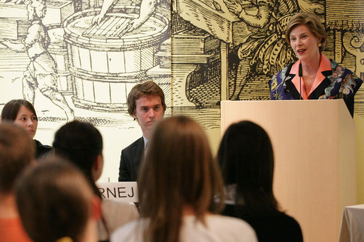 Mrs. Laura Bush addresses the Za in Proti (ZIP) student event Tuesday, June 10, 2008 in Kranj, Slovenia. White House photo by Shealah Craighead