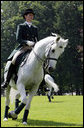 A rider guides a Lipizzaner stallion during an exhibition Tuesday, June 10, 2008, at Brdo Castle in Kranj, Slovenia. White House photo by Chris Greenberg