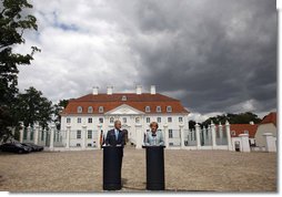 President George W. Bush and Germany's Chancellor Angela Merkel take part in a joint press availability Wednesday, June 11, 2008, at Schloss Meseberg in Meseberg, Germany.  White House photo by Eric Draper