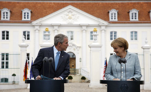 President George W. Bush and Germany's Chancellor Angela Merkel are seen together during a joint press availability Wednesday, June 11, 2008, at Schloss Meseberg in Meseberg, Germany. White House photo by Eric Draper