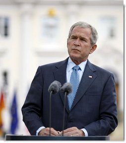 President George W. Bush delivers remarks during joint press availability with Germany's Chancellor Angela Merkel Wednesday, June 11, 2008, at Schloss Meseberg in Meseberg, Germany.  White House photo by Eric Draper