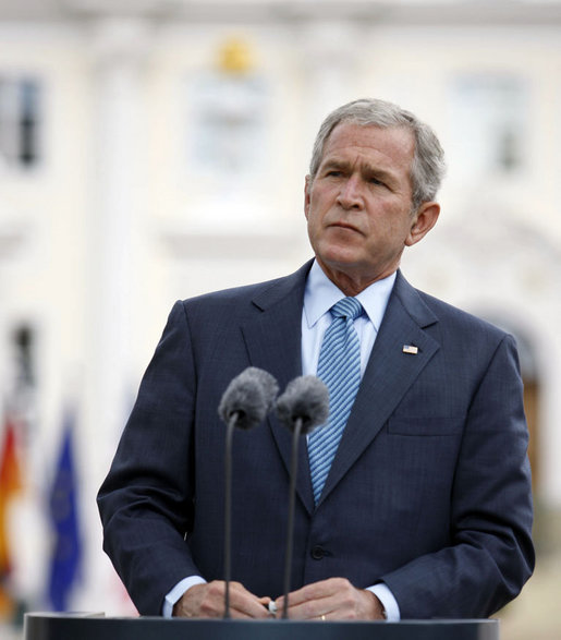 President George W. Bush delivers remarks during joint press availability with Germany's Chancellor Angela Merkel Wednesday, June 11, 2008, at Schloss Meseberg in Meseberg, Germany. White House photo by Eric Draper