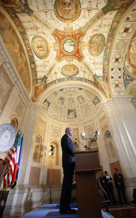 President George W. Bush participates in a joint press availability with Italian Prime Minister Silvio Berlusconi Thursday, June 12, 2008, at the Villa Madama in Rome. White House photo by Eric Draper