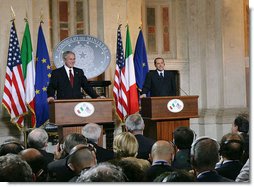 President George W. Bush and Italian Prime Minister Silvio Berlusconi participate in a joint press availability Thursday, June 12, 2008, at the Villa Madama in Rome. White House photo by Chris Greenberg