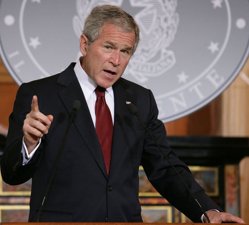 President George W. Bush gestures as he answers a question during a joint press availability with Italian Prime Minister Silvio Berlusconi Thursday, June 12, 2008, at the Villa Madama in Rome. White House photo by Chris Greenberg