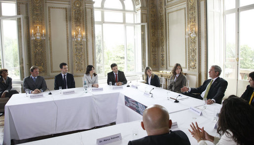 President George W. Bush addresses participants at a roundtable meeting on business exchanges Thursday, June 12, 2008, at the Villa Aurelia in Rome. White House photo by Eric Draper