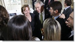 President George W. Bush speaks with young entrepreneurs following their roundtable meeting on business exchanges between the U.S. and Italy Thursday, June 12, 2008, at the Villa Aurelia in Rome.  White House photo by Eric Draper