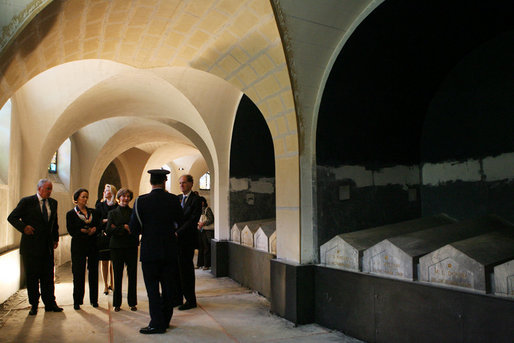 Mrs. Laura Bush visits the Lafayette Memorial Crypt Wednesday, June 11, 2008, during her visit to the Lafayette Escadrille Memorial in Marnes la Coquette, France. Beneath the monument, is a sanctuary crypt that is the final resting place for 68 pilots from the Lafayette Flying Corps that were lost during the First World War. White House photo by Shealah Craighead