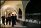 Mrs. Laura Bush visits the Lafayette Memorial Crypt Wednesday, June 11, 2008, during her visit to the Lafayette Escadrille Memorial in Marnes la Coquette, France. Beneath the monument, is a sanctuary crypt that is the final resting place for 68 pilots from the Lafayette Flying Corps that were lost during the First World War. White House photo by Shealah Craighead