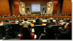 Mrs. Laura Bush, in the light suit to the left of the World Food Program desk emblem, meets with representatives of other countries at the United Nations’ World Food Program Conference in Rome on June 12, 2008 White House photo by Shealah Craighead