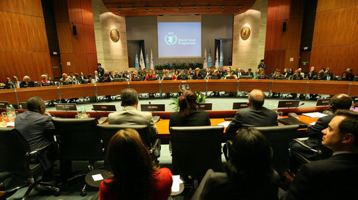 Mrs. Laura Bush, in the light suit to the left of the World Food Program desk emblem, meets with representatives of other countries at the United Nations’ World Food Program Conference in Rome on June 12, 2008 White House photo by Shealah Craighead