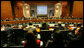 Mrs. Laura Bush, in the light suit to the left of the World Food Program desk emblem, meets with representatives of other countries at the United Nations’ World Food Program Conference in Rome on June 12, 2008 White House photo by Shealah Craighead