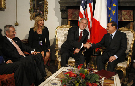 President George W. Bush and Italian Prime Minister Silvio Berlusconi shake hands as they meet Thursday, June 12, 2008, at the Villa Madama in Rome. White House photo by Eric Draper