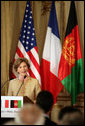 Mrs. Laura Bush delivers remarks during reception with United States - Afghan Donor's Conference Wednesday, June 11, 2008, at the Ambassadors Residence in Paris. White House photo by Shealah Craighead