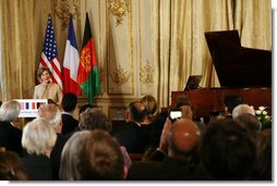 Mrs. Laura Bush delivers remarks during reception with United States - Afghan Donor's Conference Wednesday, June 11, 2008, at the Ambassador's Residence in Paris.  White House photo by Shealah Craighead