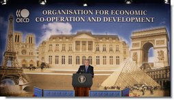 President George W. Bush addresses his remarks at the Organization for Economic Co-operation and Development Friday, June 13, 2008, in Paris, honoring the strong relationship between the United States and Europe. White House photo by Chris Greenberg