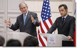 President George W. Bush and President Nicolas Sarkozy of France, participate in a joint press availability Saturday, June 14, 2008, at the Elysée Palace in Paris. In speaking of the country, President Bush told his counterpart, "You are not only our first friend, you've been a consistent friend, and the meetings here have reconfirmed and strengthened our friendship between our countries and our personal friendship."  White House photo by Eric Draper