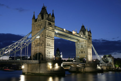 The Tower Bridge lights up the darkening skyline of London Sunday, June 15 2008. The arrival of President George W. Bush and Mrs. Laura Bush Sunday afternoon marked their second to last stop in Europe. Monday, they are scheduled to visit Belfast before returning home. White House photo by Chris Greenberg