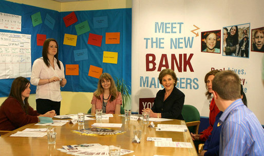 Mrs. Laura Bush participates in a Northern Ireland Youthbank training activity in Belfast, Northern Ireland, Monday, June 16, 2008. The Youthbank students review a grant application and then vote on accepting or declining the application for funding. White House photo by Shealah Craighead