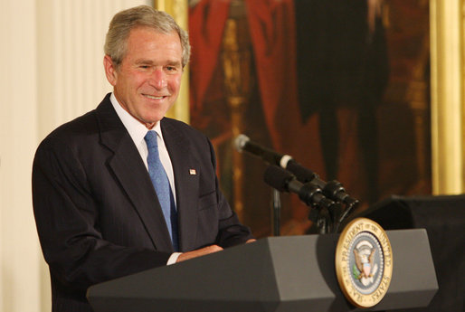 President George W. Bush welcomes guests and entertainers Tuesday, June 17, 2008 to the East Room of the White House, in honor of Black Music Month. White House photo by Luke Sharrett