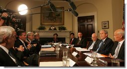 President George W. Bush gives members of the media an overview of the Midwest flood relief plan Tuesday morning, June 17, 2008 in the Roosevelt Room of the White House. President Bush, briefed by domestic policy advisors on the status of the response, said "we're in constant contact with people on the ground to help make sure that we save lives." White House photo by Joyce N. Boghosian