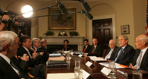 President George W. Bush gives members of the media an overview of the Midwest flood relief plan Tuesday morning, June 17, 2008 in the Roosevelt Room of the White House. President Bush, briefed by domestic policy advisors on the status of the response, said "we're in constant contact with people on the ground to help make sure that we save lives." White House photo by Joyce N. Boghosian