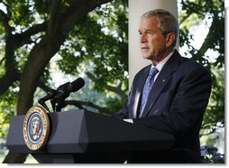 President George W. Bush addresses his remarks to reporters Friday, June 20, 2008 at the White House, thanking members of the House and Senate for their bipartisan cooperation in reaching agreement on war funding and intelligence gathering legislation. White House photo by Eric Draper