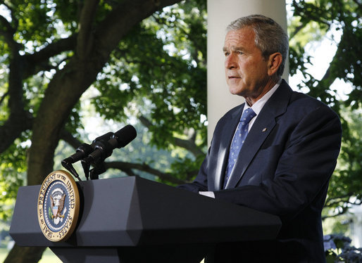 President George W. Bush addresses his remarks to reporters Friday, June 20, 2008 at the White House, thanking members of the House and Senate for their bipartisan cooperation in reaching agreement on war funding and intelligence gathering legislation. White House photo by Eric Draper