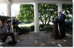 President George W. Bush addresses his remarks to reporters Friday, June 20, 2008 at the White House, thanking members of the House and Senate for their bipartisan cooperation in reaching agreement on war funding and intelligence gathering legislation. White House photo by Eric Draper