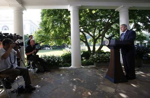 President George W. Bush addresses his remarks to reporters Friday, June 20, 2008 at the White House, thanking members of the House and Senate for their bipartisan cooperation in reaching agreement on war funding and intelligence gathering legislation. White House photo by Eric Draper