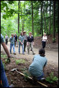 Mrs. Laura Bush walks on a trail in the Marsh-Billings-Rockefeller National Historical Park Monday, June 23, 2008, in Woodstock, Vt. With her are Rolf Diamant, park superintendent, and students of the Service-Learning program. President Bush has proclaimed June 2008 as Great Outdoors Month to celebrate the grandeur of our open spaces, strengthen our commitment to preserving this heritage, and reaffirm our dedication to protecting our air, water, and lands. White House photo by Shealah Craighead