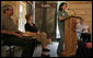 Mrs. Laura Bush listens to Rachel Allen, a student in the Service-Learning Program, as she delivers remarks during an Active Trails! event at Marsh-Billings-Rockefeller National Historical Park Monday, June 23, 2008, in Woodstock, Vt. Also shown are Rolf Diamant, Superintendent of Marsh-Billings-Rockefeller National Historical Park, and Vin Cipolla, President of the National Parks Foundation. Mr. Cipolla just announced a $50, 000 grant from the National Park Foundation to the Marsh-Billings-Rockefeller National Historical Park to connect the Forest Center to the Woodstock Trails Network. White House photo by Shealah Craighead