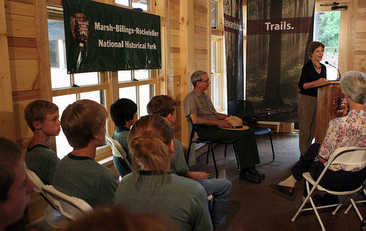 Mrs. Laura Bush delivers remarks during an Active Trails! event at Marsh-Billings-Rockefeller National Historical Park Monday, June 23, 2008, in Woodstock, Vt. Also shown are Rolf Diamant, Superintendent of Marsh-Billings-Rockefeller National Historical Park, and Vin Cipolla, President of the National Parks Foundation. Mr. Cipolla just announced a $50, 000 grant from the National Park Foundation to the Marsh-Billings-Rockefeller National Historical Park to connect the Forest Center to the Woodstock Trails Network. White House photo by Shealah Craighead