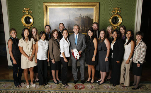 President George W. Bush stands with members of the University of Southern California Women's Golf team, Tuesday, June 24, 2008, during a photo opportunity with the 2007 and 2008 NCAA Sports Champions. White House photo by Eric Draper