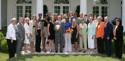 President George W. Bush stands with members of the University of Tennessee Lady Vols basketball team, Tuesday, June 24, 2008, during a photo opportunity with the 2007 and 2008 NCAA Sports Champions. White House photo by Eric Draper