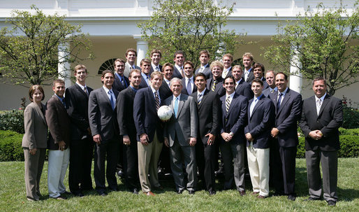 President George W. Bush stands with members of the University of California at Berkeley Men's Water Polo team, Tuesday, June 24, 2008, during a photo opportunity with the 2007 and 2008 NCAA Sports Champions. White House photo by Chris Greenberg