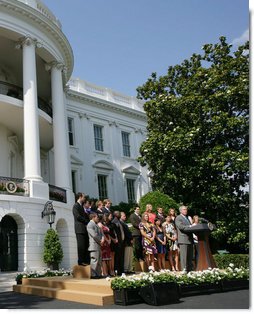 President George W. Bush welcomes athletes, their family members and invited guests Tuesday, June 24, 2008 to the White House, to honor the 2007 and 2008 NCAA Sports Champions. White House photo by Chris Greenberg