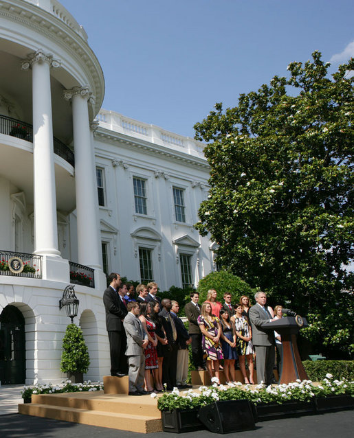 President George W. Bush welcomes athletes, their family members and invited guests Tuesday, June 24, 2008 to the White House, to honor the 2007 and 2008 NCAA Sports Champions. White House photo by Chris Greenberg