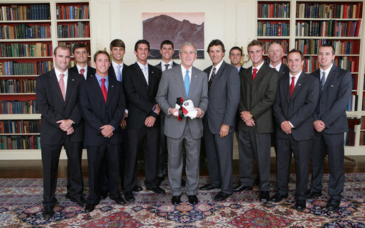 President George W. Bush stands with members of the University of Georgia Men's Tennis team, Tuesday, June 24, 2008, during a photo opportunity with the 2007 and 2008 NCAA Sports Champions at the White House. White House photo by Chris Greenberg