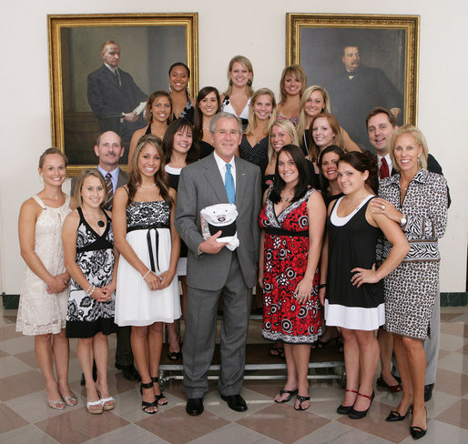 President George W. Bush stands with members of the University of Georgia Women's Gymnastics team, Tuesday, June 24, 2008, during a photo opportunity with the 2007 and 2008 NCAA Sports Champions at the White House. White House photo by Chris Greenberg