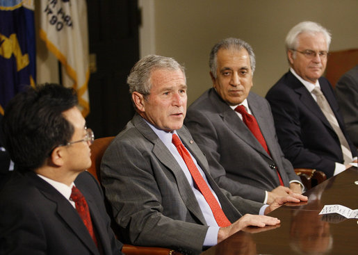 President George W. Bush speaks to reporters at the National Security Advisor's meeting with representatives of the United Nations Security Council Wednesday, June 25, 2008 at the White House. From left are, Ambassador Liu Zhenmin of China, U.S. Ambassador Zalmay Khalilzad and Ambassador Vitally Ivanovich Churkin of Russia. White House photo by Eric Draper