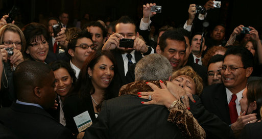 President George W. Bush is greeted enthusiastically by his audience after delivering remarks Thursday, June 26, 2008 to the National Hispanic Prayer Breakfast in Washington, D.C. The breakfast was hosted by Esperanza, one of the leading voices and faith-based organizations for Hispanic Americans. White House photo by Chris Greenberg